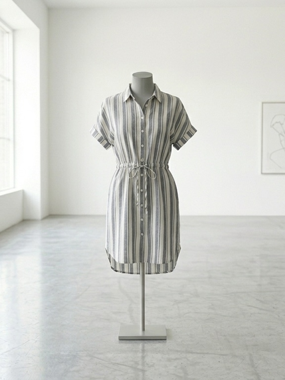 Japna Striped Button-Front Shirt Dress in White and Gray